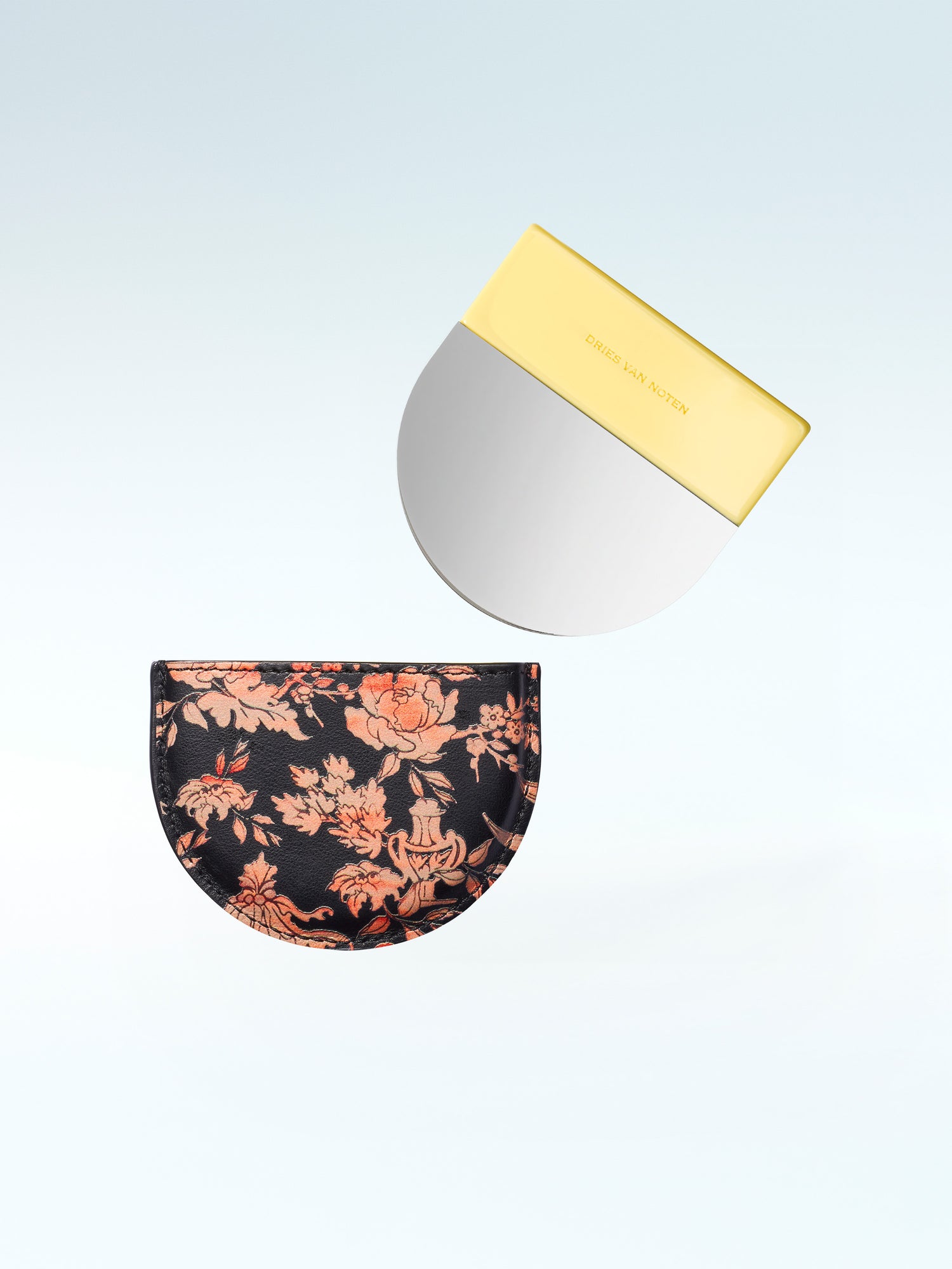 Decorative half-circle wall art with floral pattern and yellow on a light blue background - Dries Van Noten