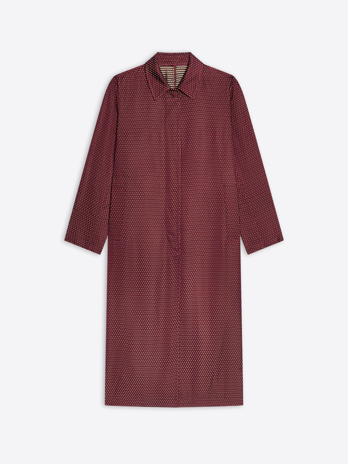 Burgundy jacquard mac with tie motif on a white background