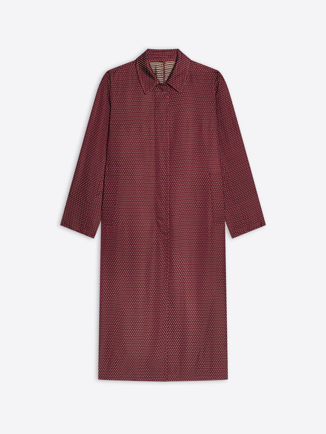 Burgundy jacquard mac with tie motif on a white background