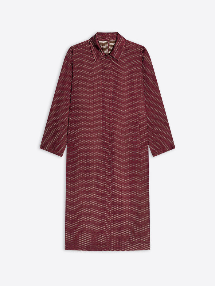 Burgundy jacquard mac with tie motif on a white background