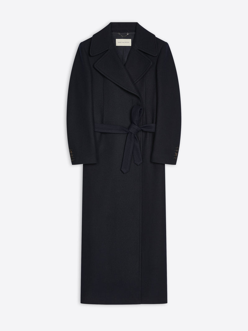 Navy coat with a belt on a white background