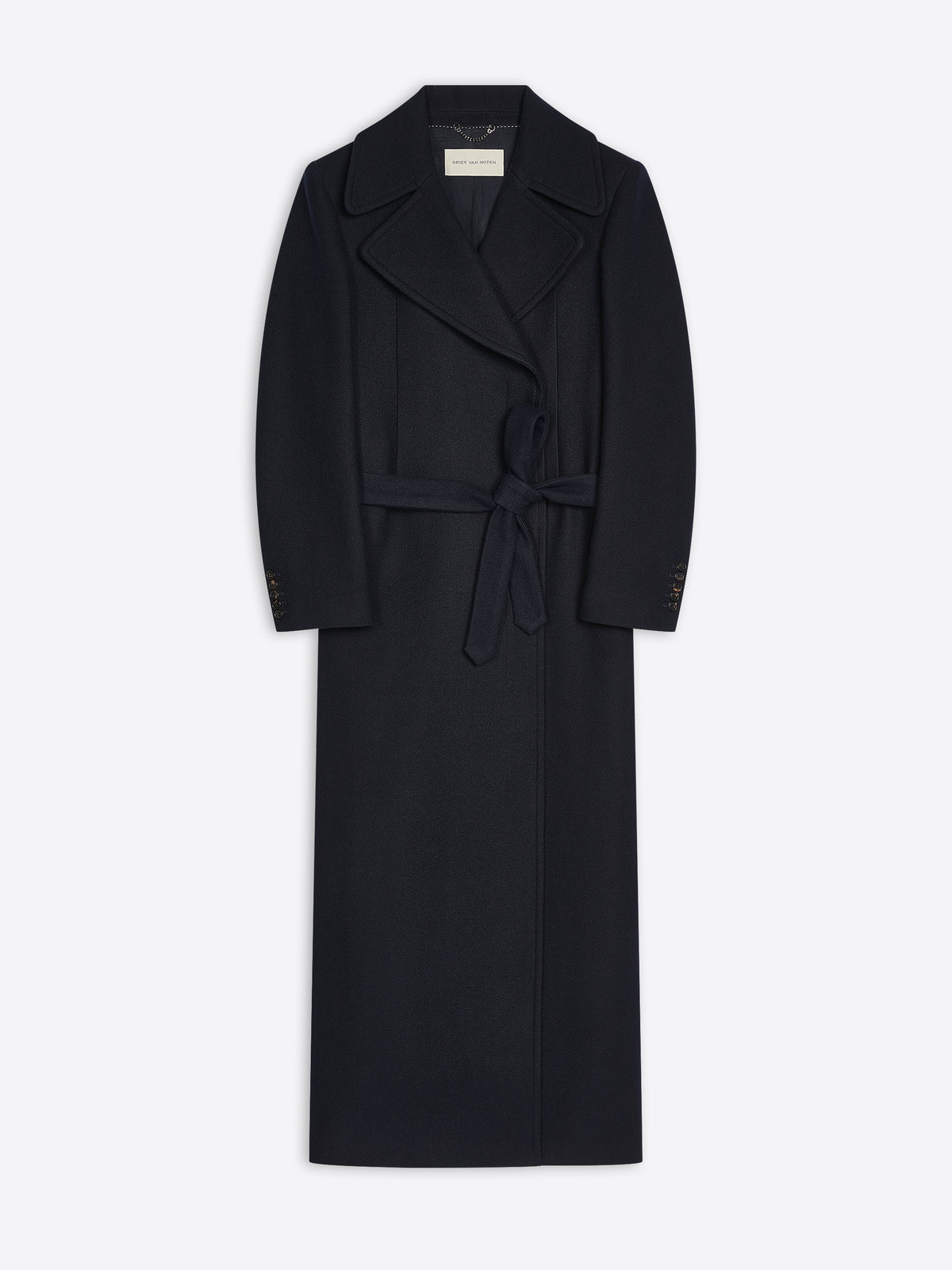 Navy coat with a belt on a white background
