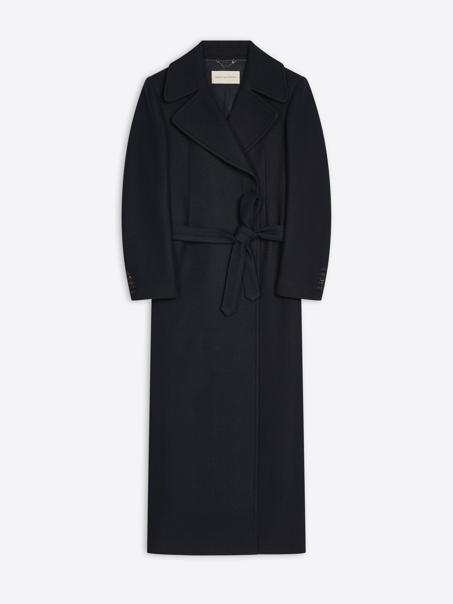 Navy coat with a belt on a white background