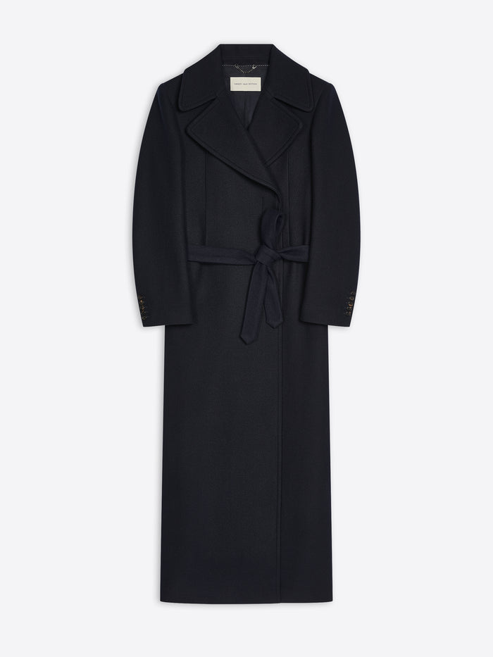 Navy coat with a belt on a white background