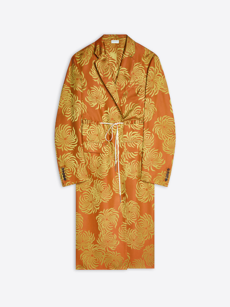 Long orange and yellow floral print coat on a white background