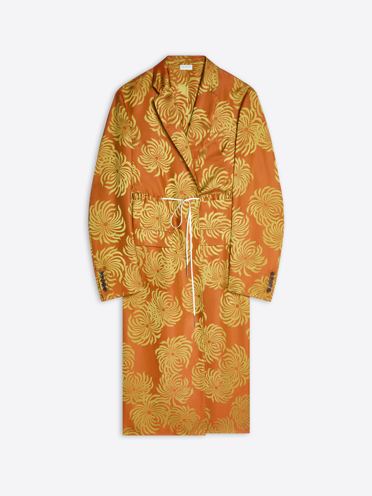 Long orange and yellow floral print coat on a white background