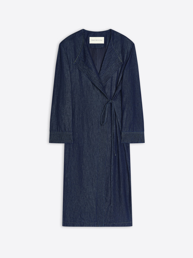 Long collarless denim coat on a white background