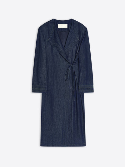 Long collarless denim coat on a white background - Dries Van Noten