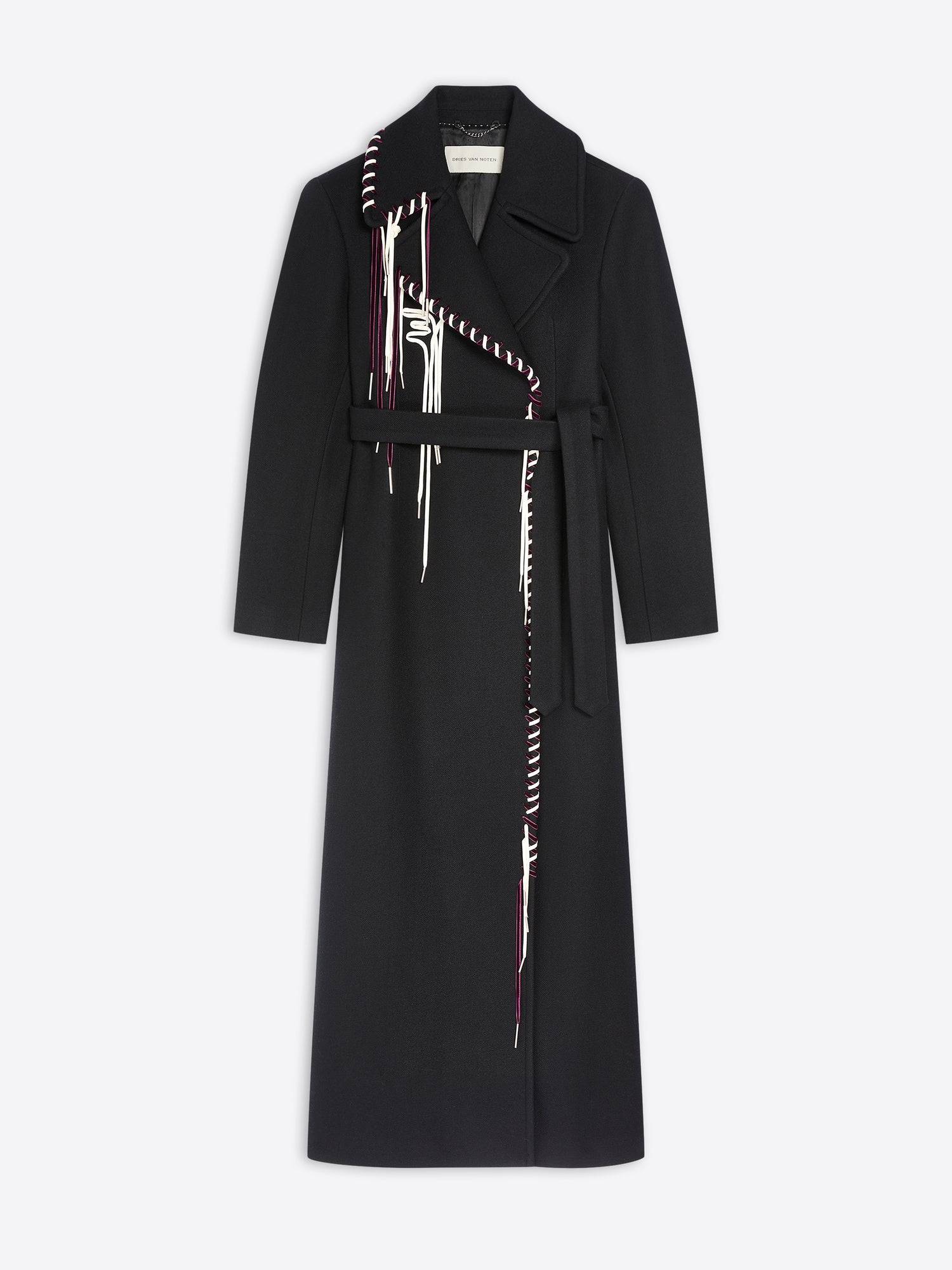 Long belted black coat with white and burgundy detailing on white background 