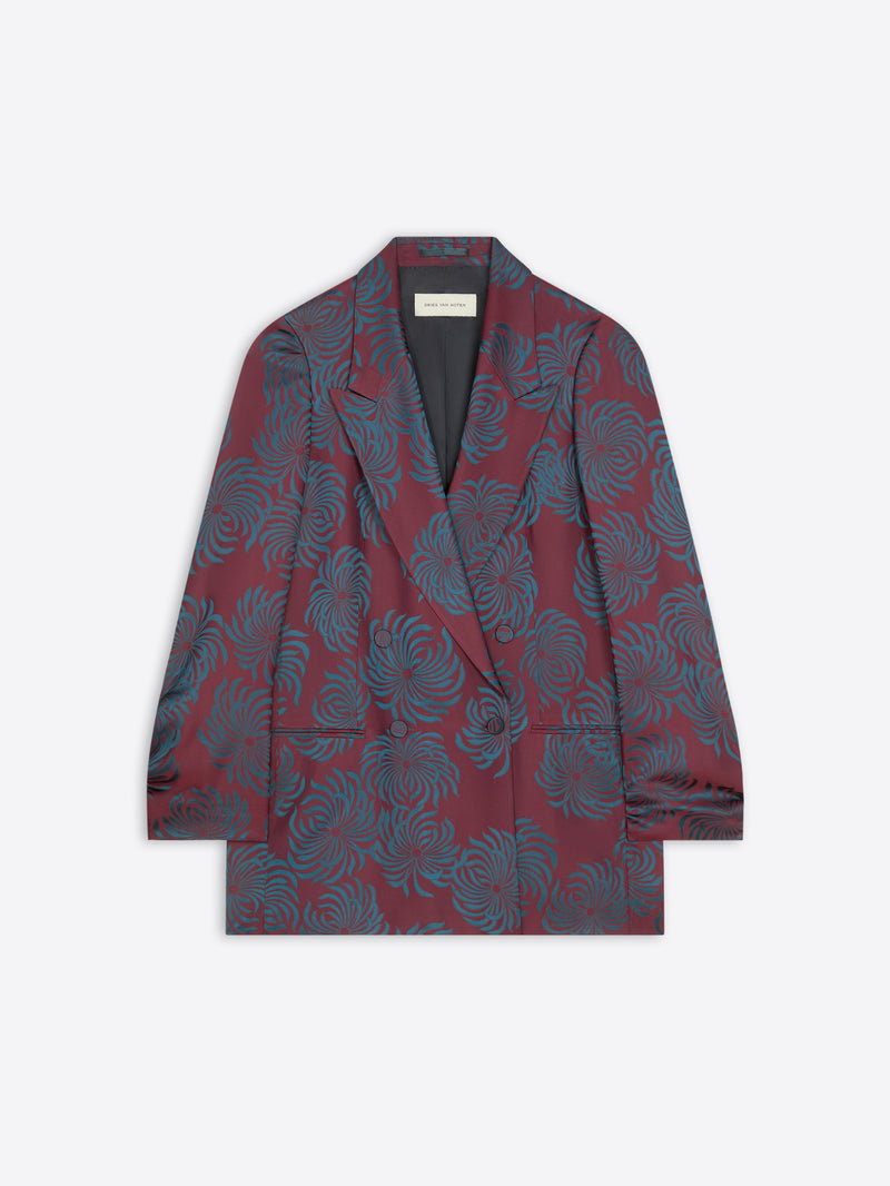 Oversized burgundy floral jacquard double-breasted blazer, on a white background