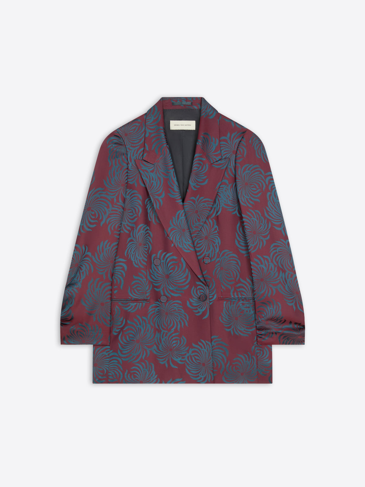 Oversized burgundy floral jacquard double-breasted blazer, on a white background