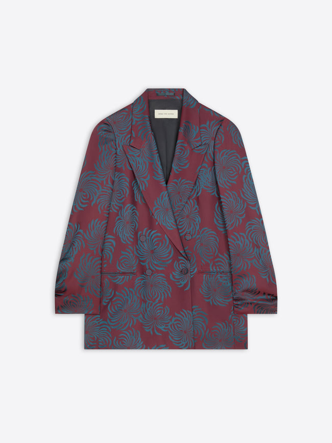 Oversized burgundy floral jacquard double-breasted blazer, on a white background