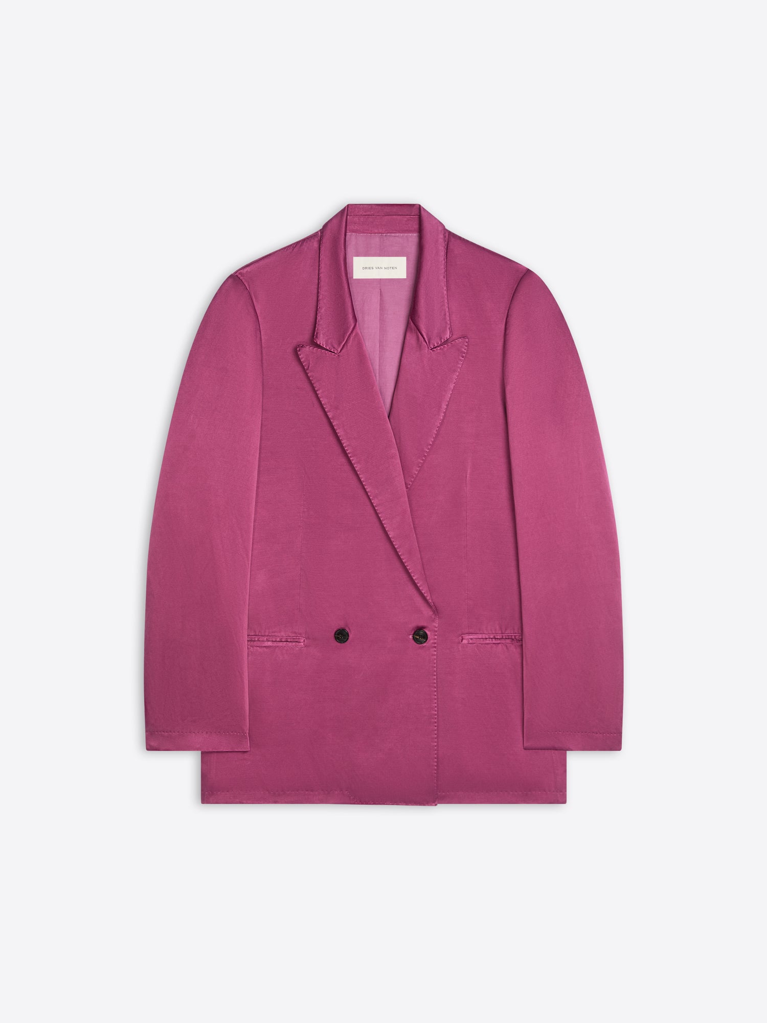 Raspberry colored, oversized, double-breasted blazer on a white background