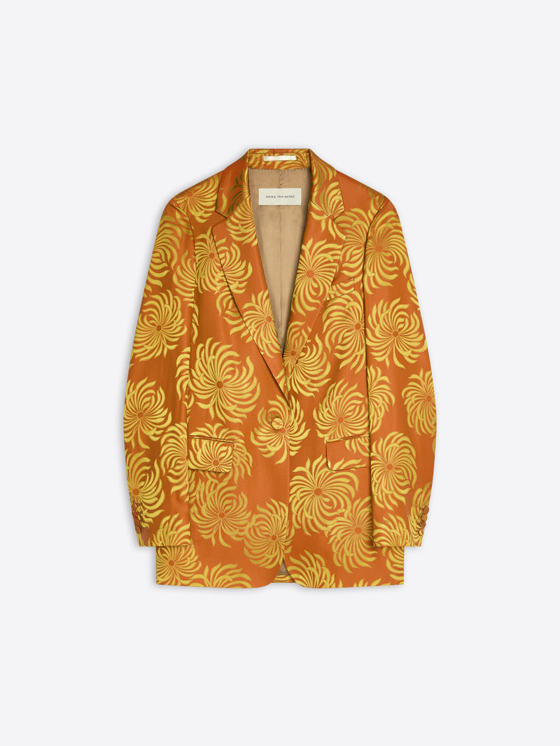 Orange and yellow floral jacquard blazer on a white background