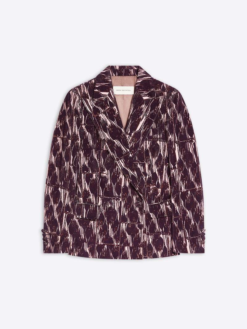 Burgundy tie print blazer on a white background