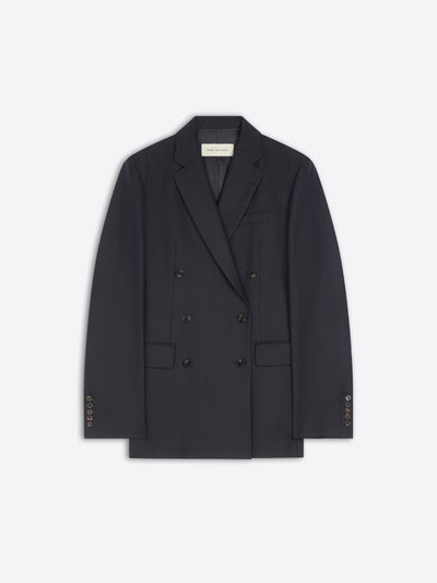 Navy double-breasted coat on a light gray background - Dries Van Noten