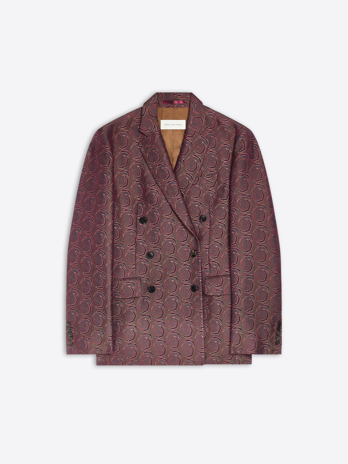 Burgundy double breasted blazer with a swirl pattern on a white background