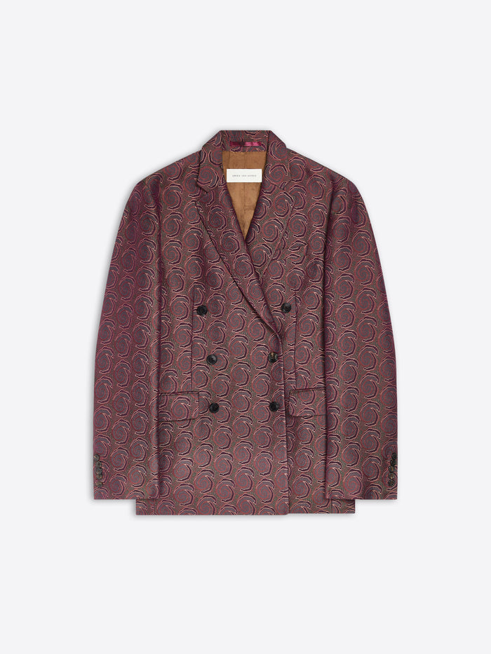 Burgundy double breasted blazer with a swirl pattern on a white background