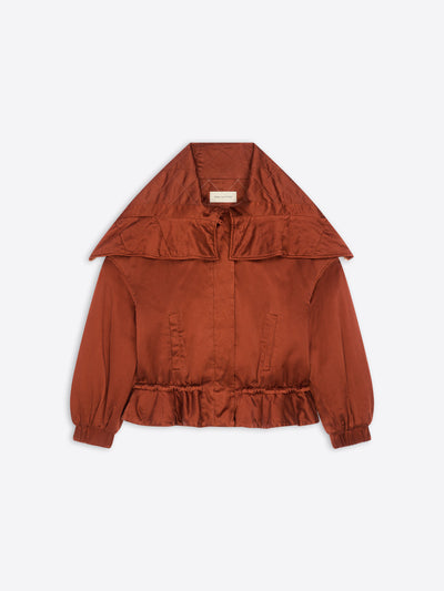 Short rust colored parka with ruffle details on a white background - Dries Van Noten