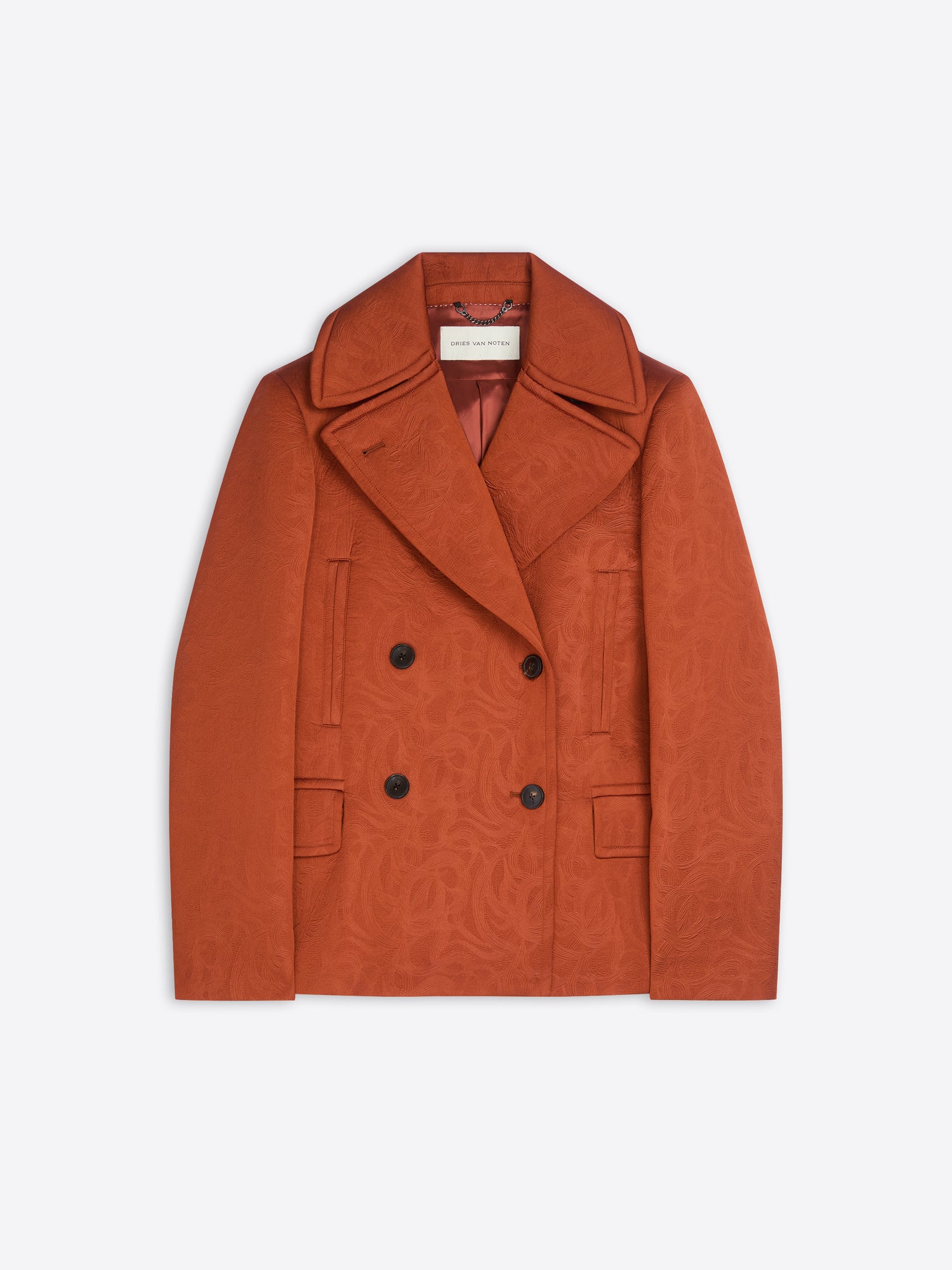 Patterned rust coloured coat with brown buttons on a white background