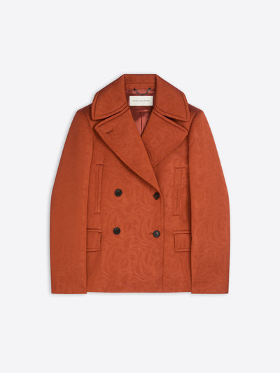 Patterned rust coloured coat with brown buttons on a white background - Dries Van Noten