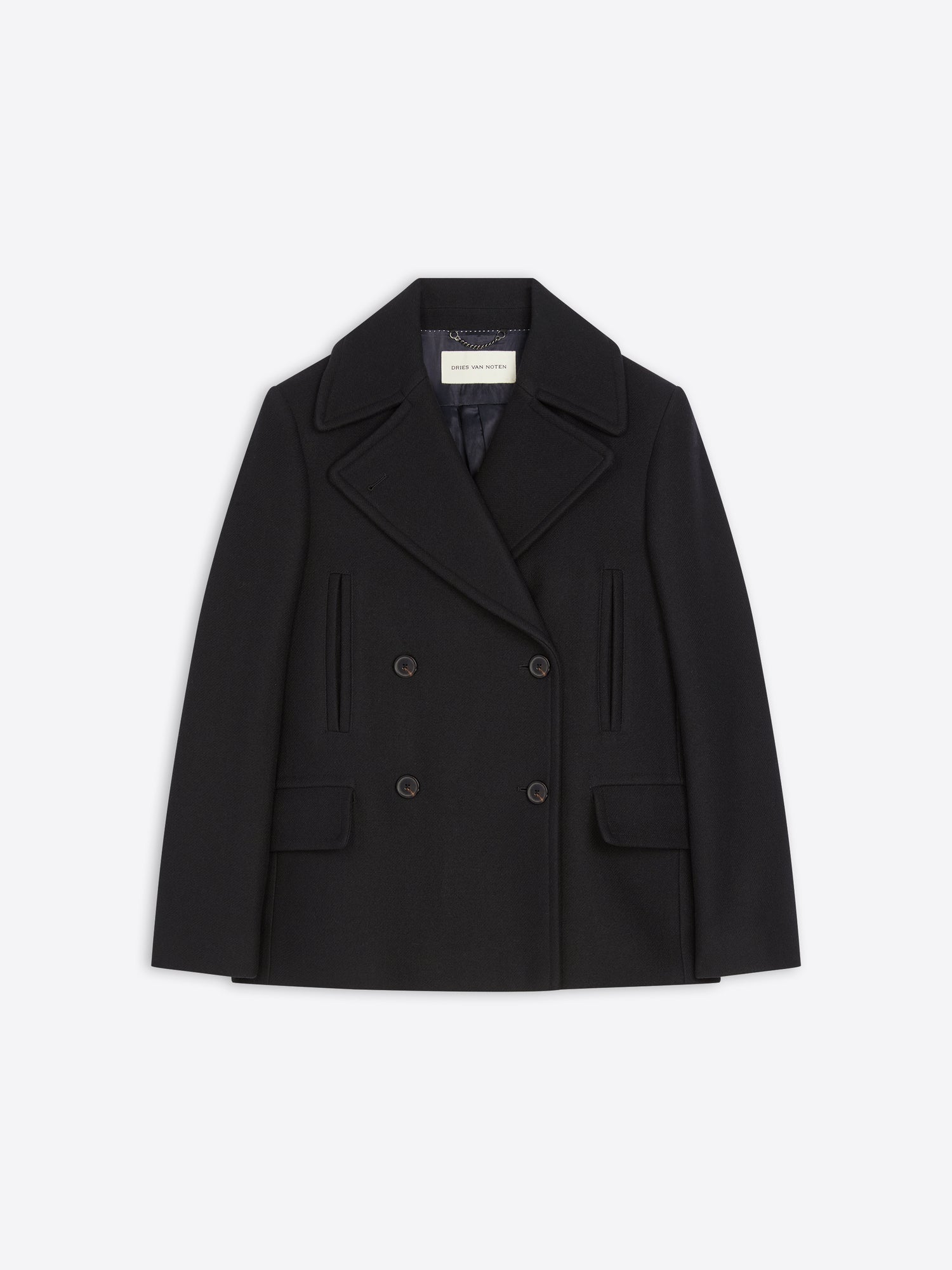 Black peacoat on a light gray background