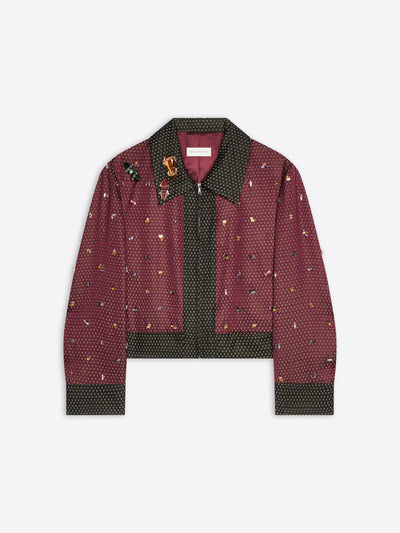 Burgundy patterned jacket with green collar on a white background - Dries Van Noten
