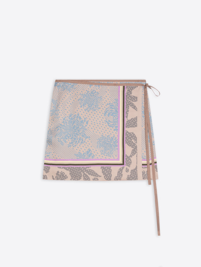 Light colored, floral patterned, mini wrap skirt on a white background