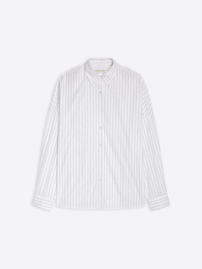 White cotton cocoon shirt with thin black stripes on a white background - Dries Van Noten