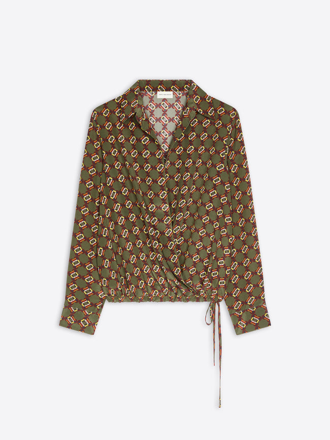 Khaki patterned shirt with a tie on a white background