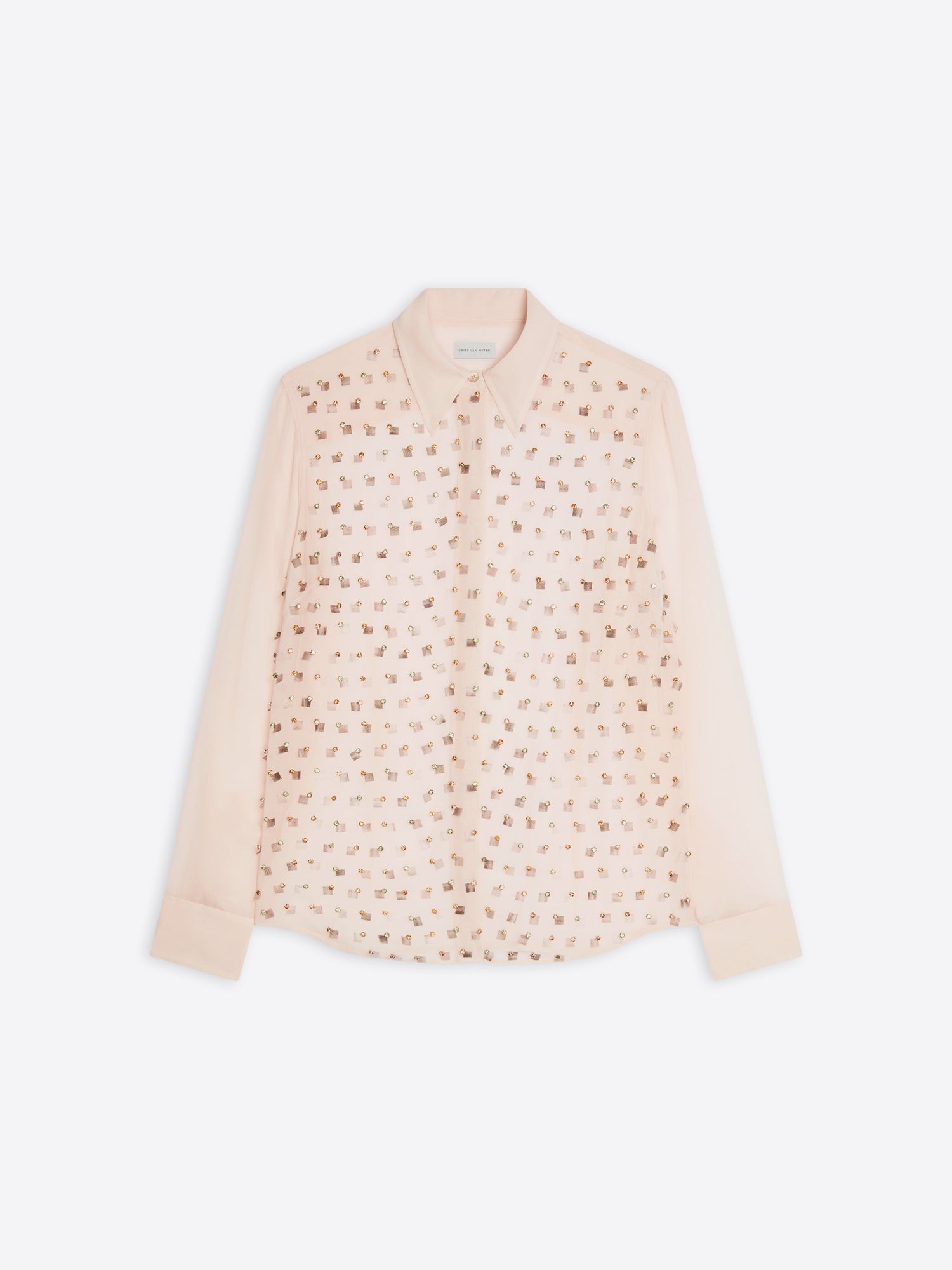 Blush colored embellished shirt on a white background