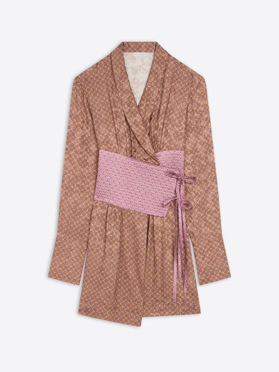 Peach patterned top with a pink accent belt on a white background - Dries Van Noten