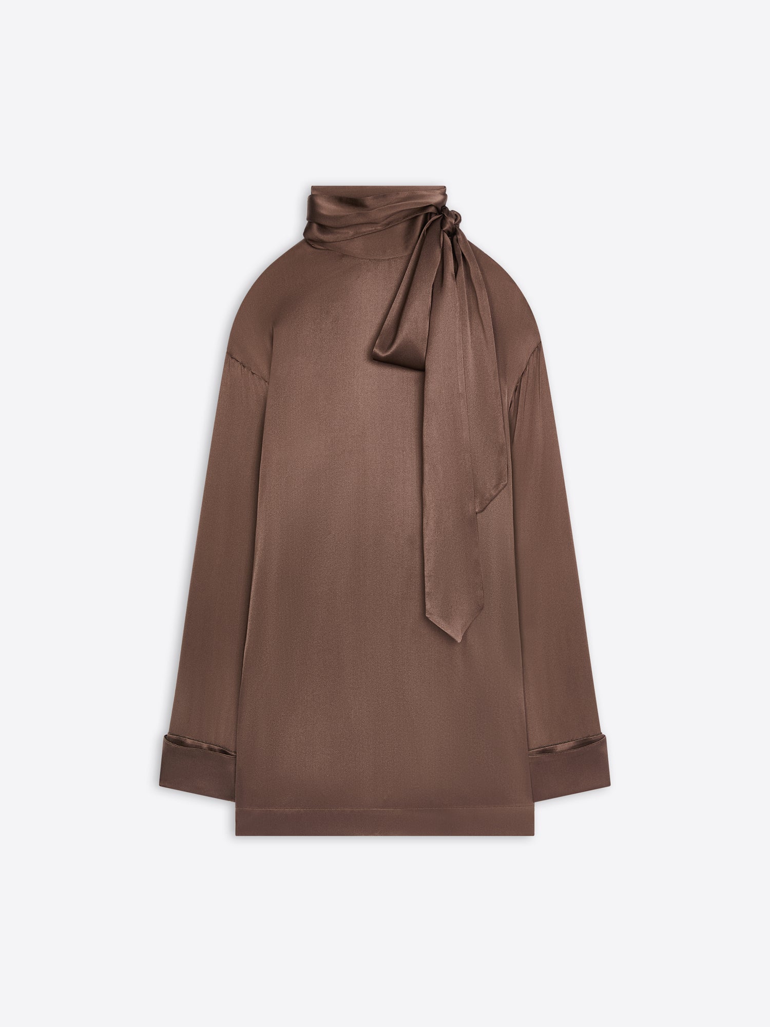 Brown loose fit silk blouse with a tie detail on a white background