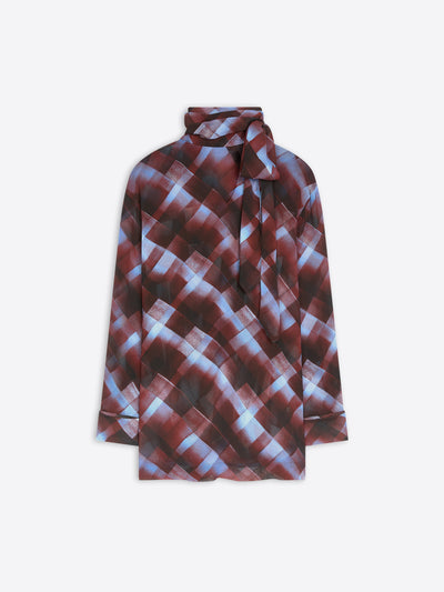 Burgundy, check print blouse with scarf detail on a white background - Dries Van Noten