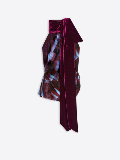 Plaid patterned top with a large burgundy bow on a white background - Dries Van Noten