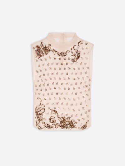 Beige top with intricate gold embroidery on a white background - Dries Van Noten