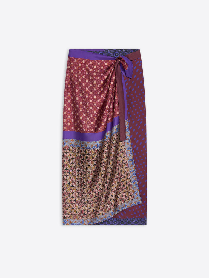 Long, multi-colored, patterned wrap scarf-skirt on a white background