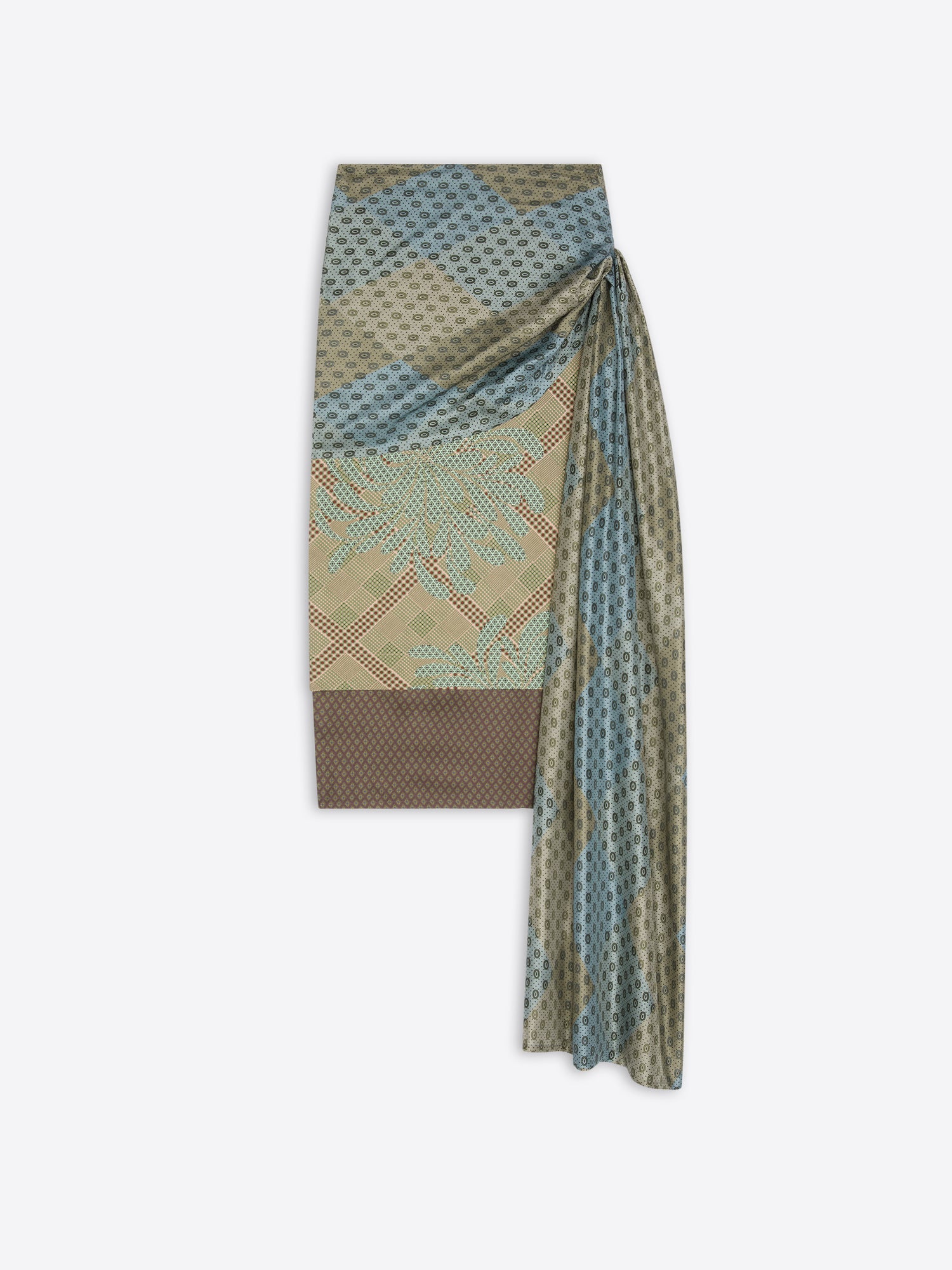 Mint green, brown and blue patterned draped skirt on a white background