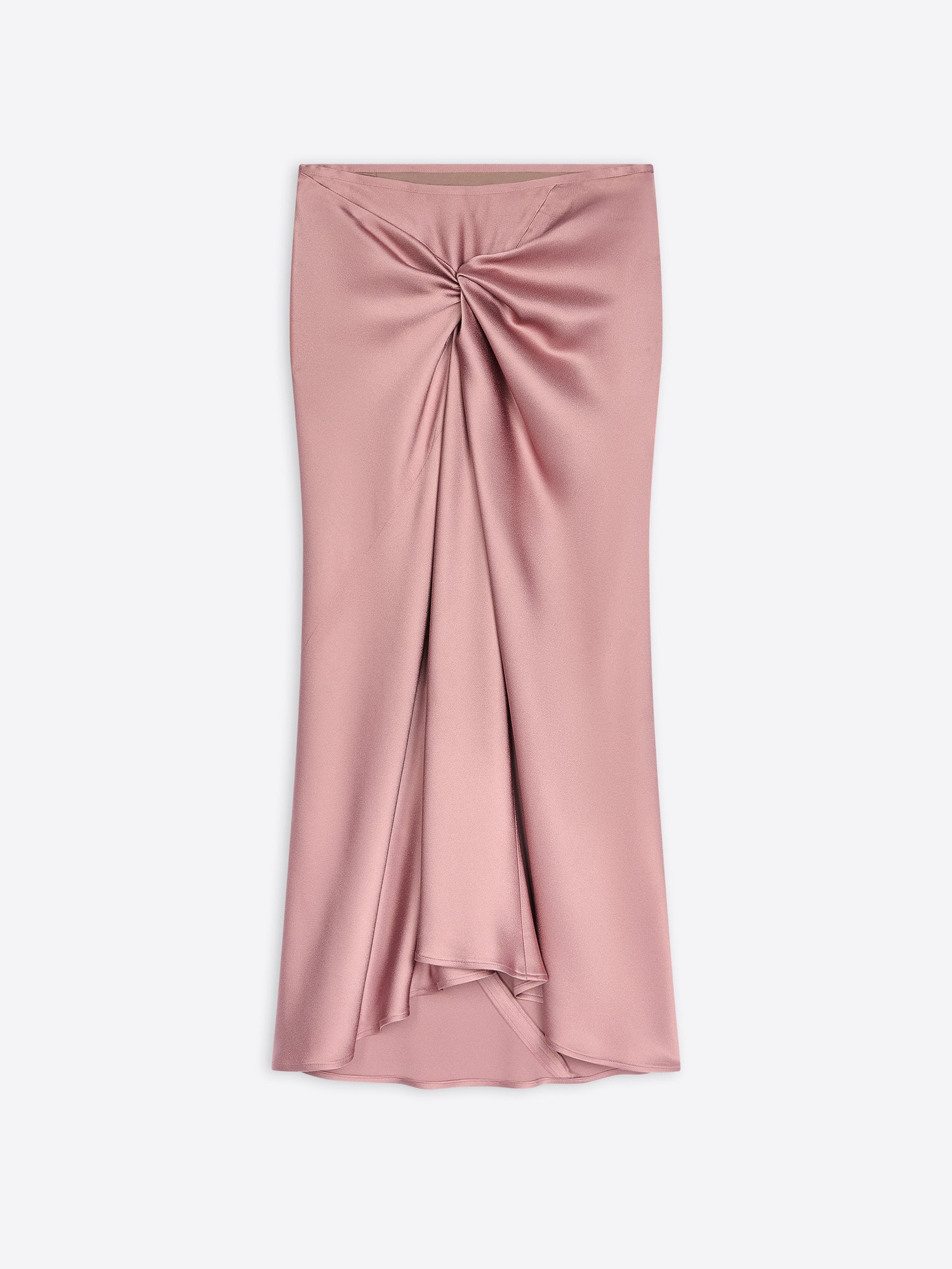 Pink midi draped satin skirt with a ruched front on a white background