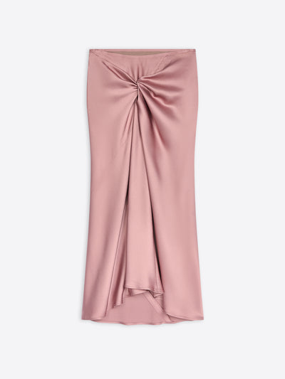 Pink midi draped satin skirt with a ruched front on a white background - Dries Van Noten