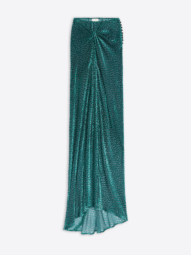 Textured,  turquoise, floor-length draped skirt on a white background
