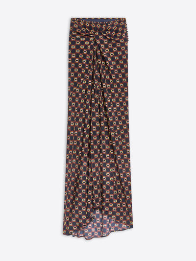 Navy and brown patterned, floor-length draped skirt on a white background - Dries Van Noten