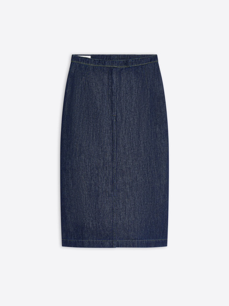 Midi blue denim elasticated skirt on a white background