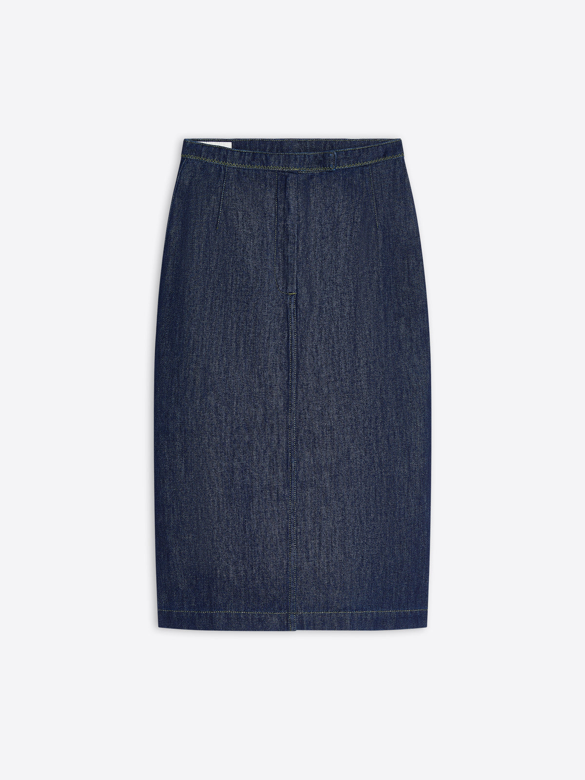 Midi blue denim elasticated skirt on a white background
