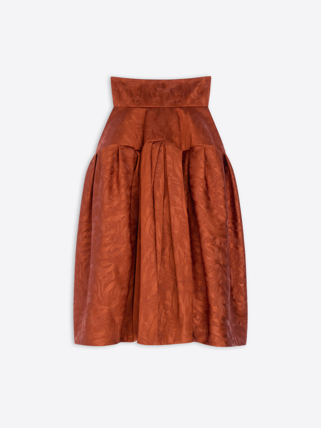 Rust coloured midi skirt on a white background