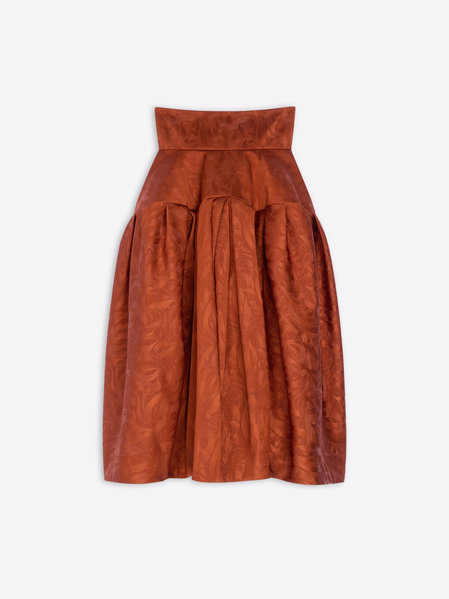 Rust coloured midi skirt on a white background