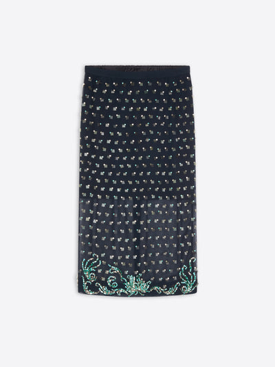 Navy embellished skirt with floral bottom pattern on a white background - Dries Van Noten