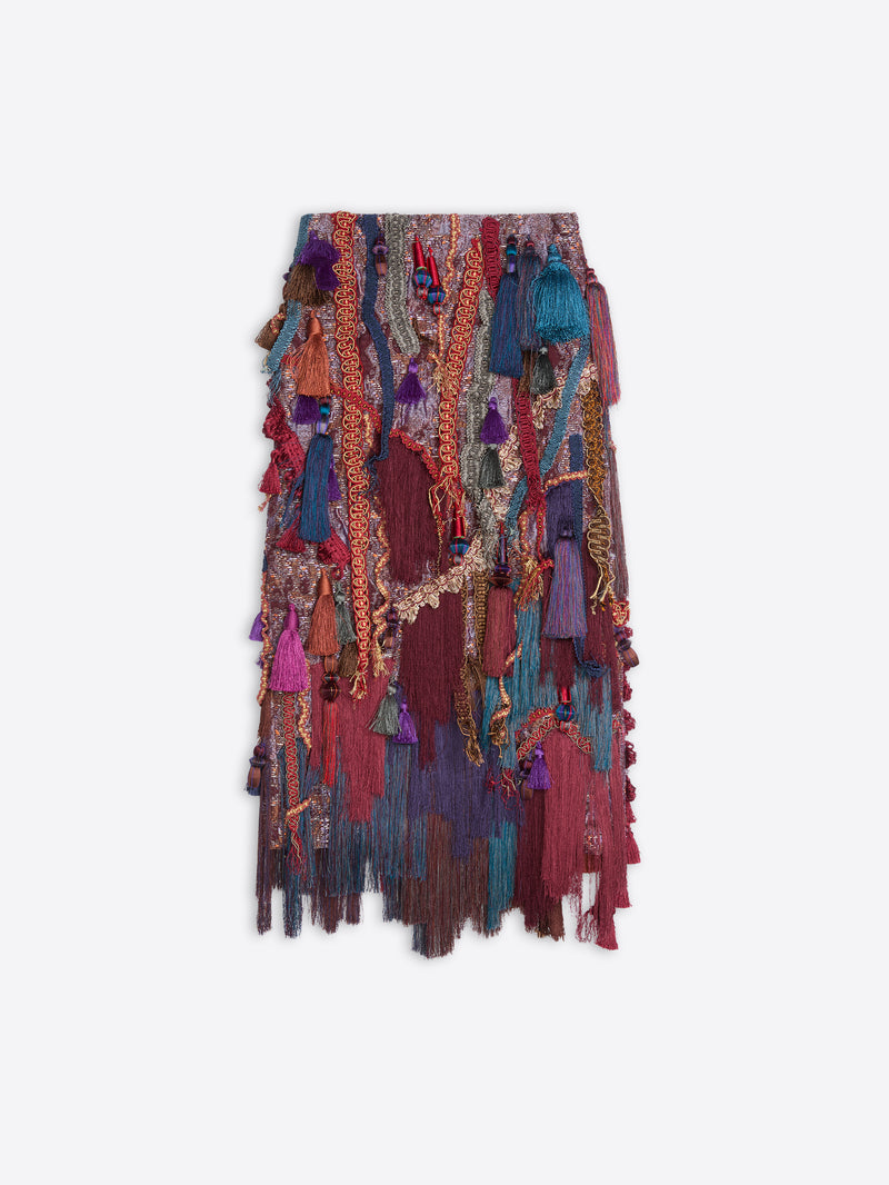 Multicoloured, burgundy embellished skirt on a white background