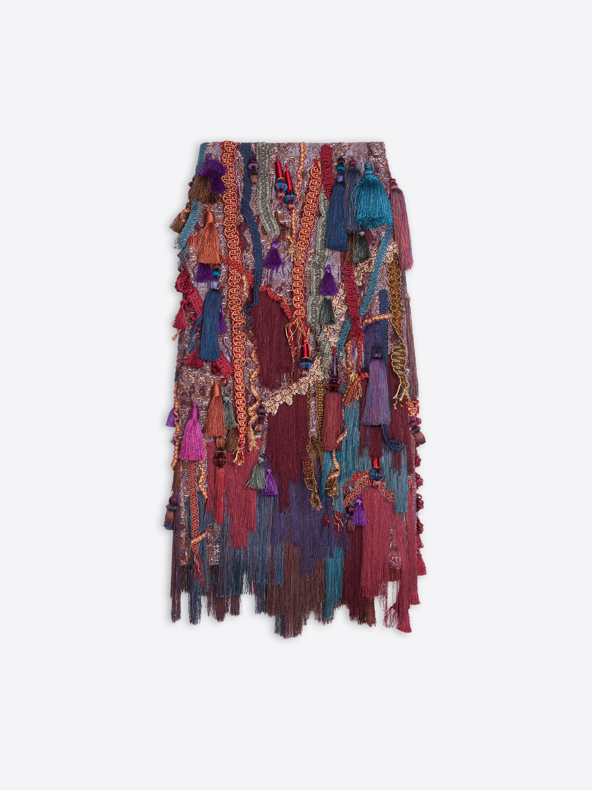 Multicoloured, burgundy embellished skirt on a white background