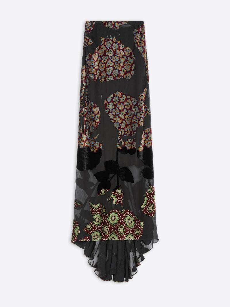 Long, black, floral patterned skirt on a white background